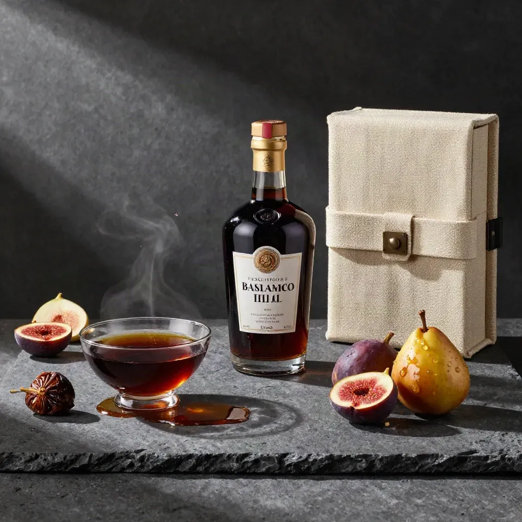 Tre bottiglie di balsamico, riduzione lucida, Parmigiano, fichi, pera e cofanetto su pietra.