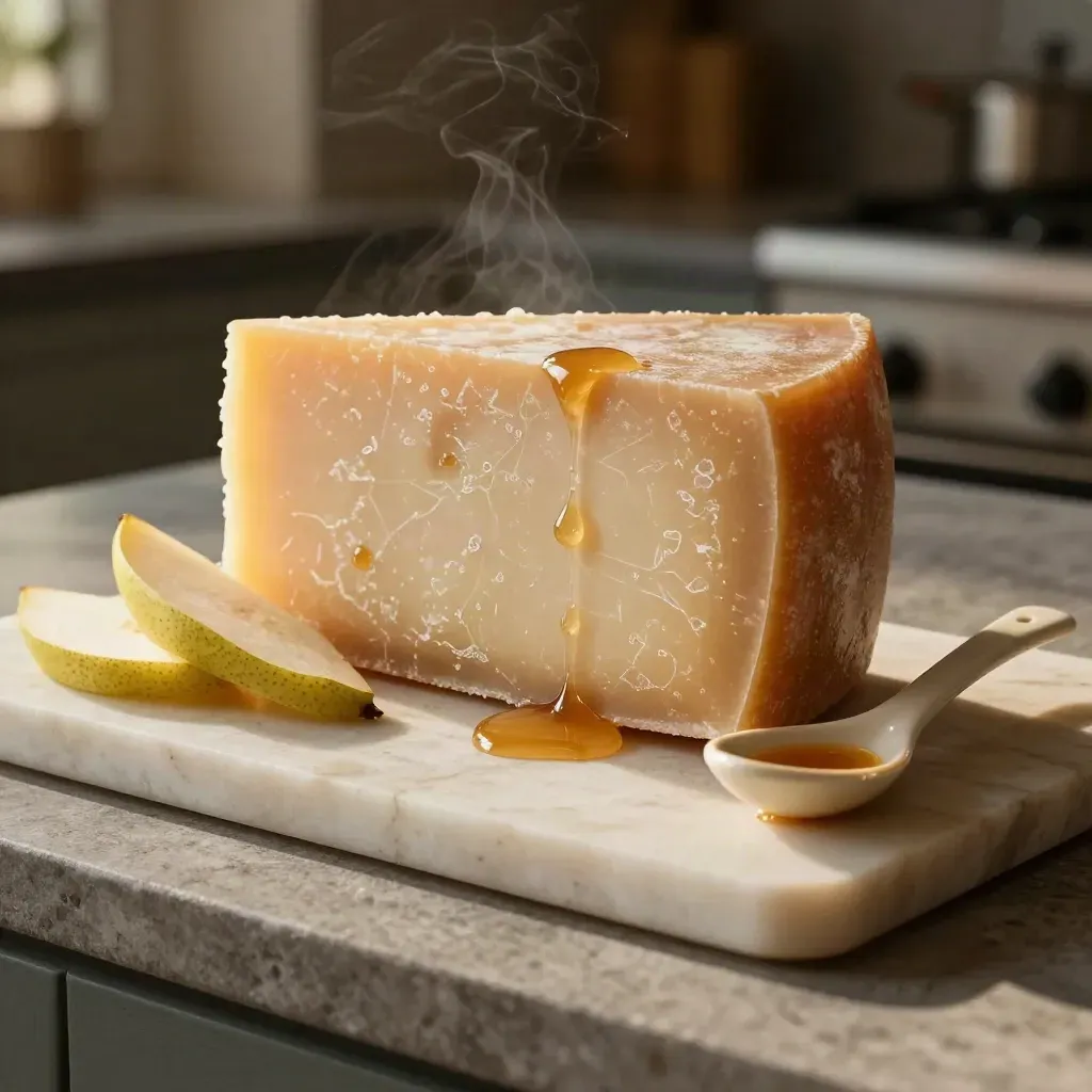 Scaglia di Parmigiano con gocce di balsamico, pera e cucchiaino in ceramica.