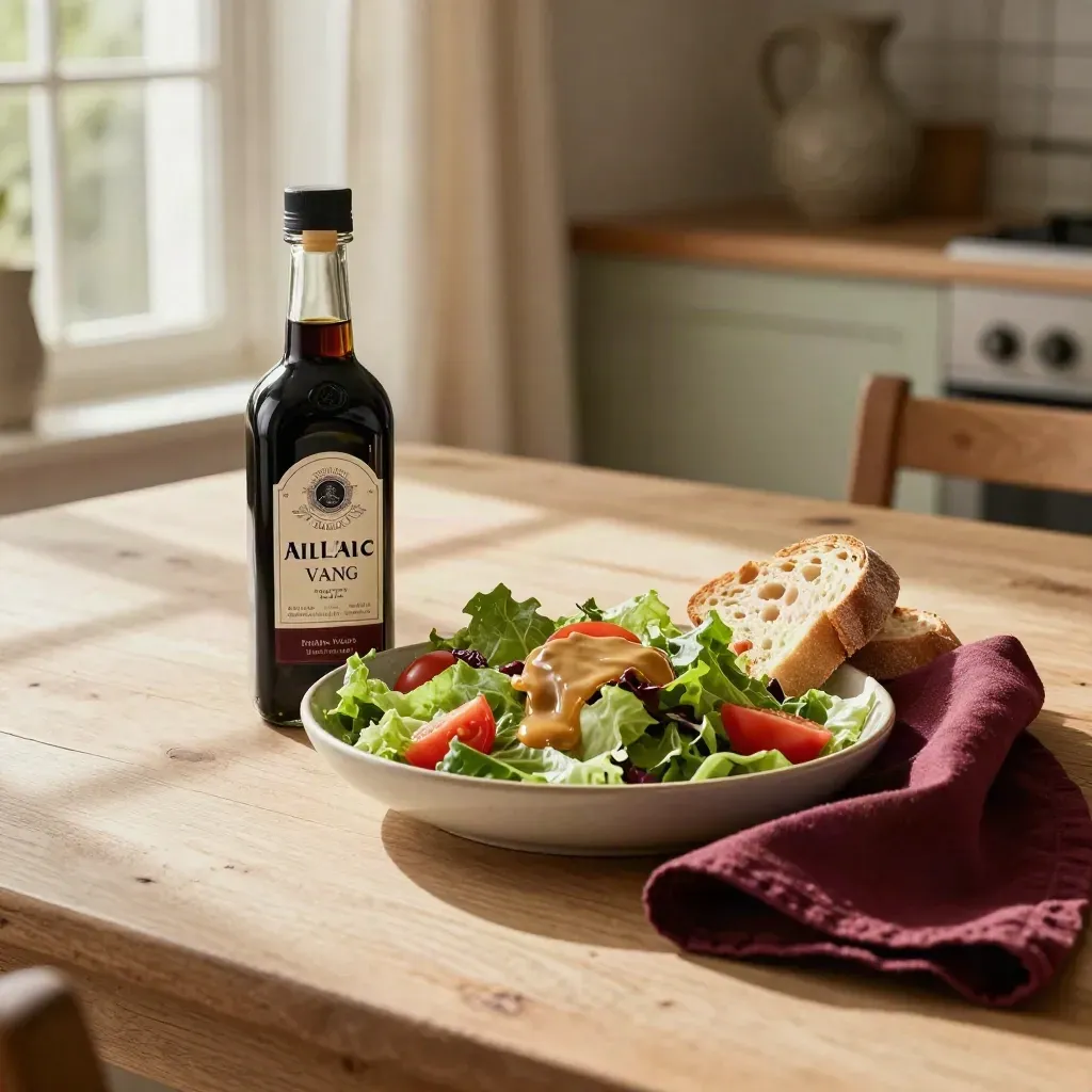 Bottiglia di aceto balsamico su insalata mista con pane caldo e ciotola di ceramica, luce di finestra.