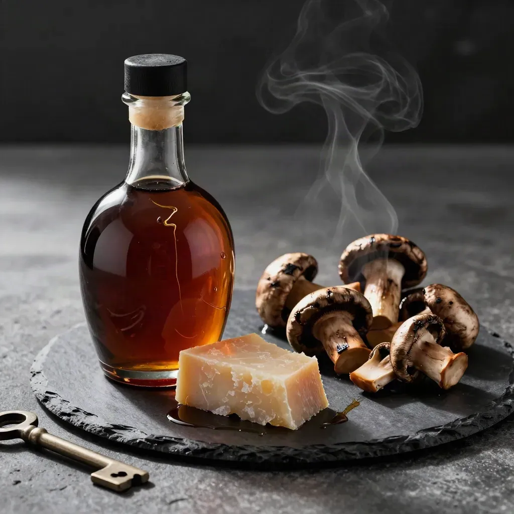 Bottiglia di balsamico, Parmigiano e funghi scottati su ardesia, con fili di glassa lucida.