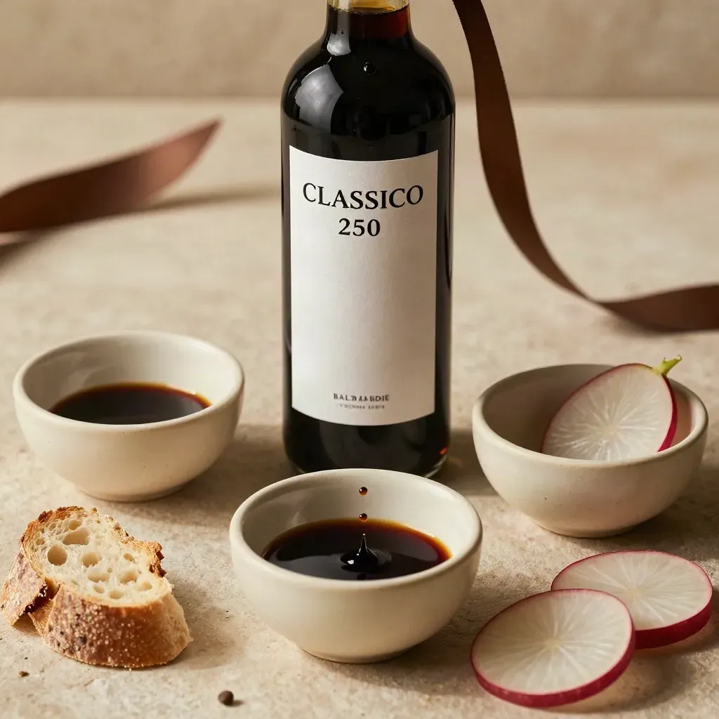 Bottiglia di Balsamico IGP con ciotoline, pane croccante e ravanelli su tavolo di pietra.