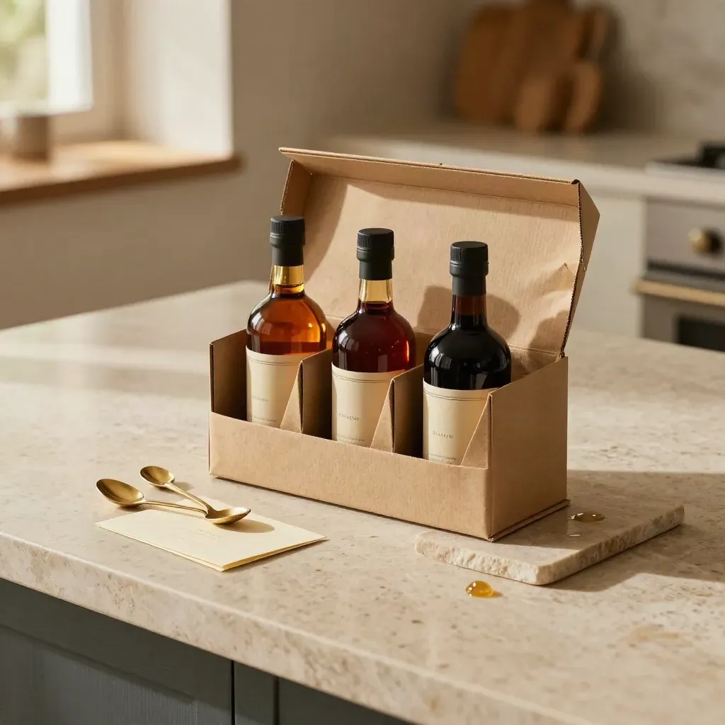 Box degustazione Balsamico IGP con tre bottiglie e cucchiaini su vassoio di pietra