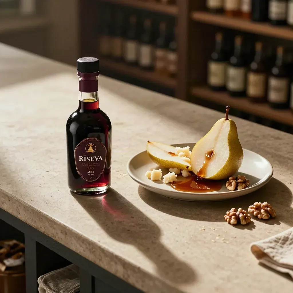Bottiglia di balsamico con formaggio stagionato, pera e noci su piatto di ceramica.