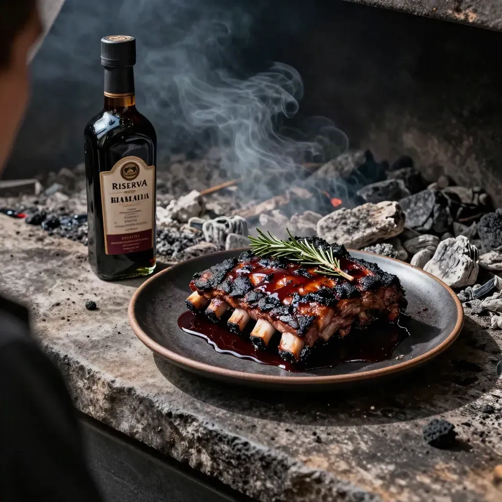 Bottiglia di balsamico con costolette glassate su piatto scuro, atmosfera fumosa e drammatica