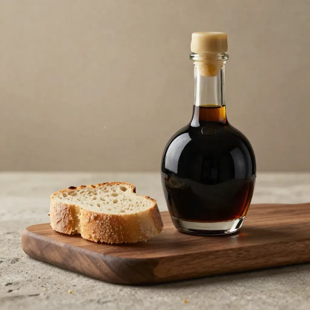 Bottiglia di aceto balsamico con sigillo e fetta di pane su tavola, luce calda radente.