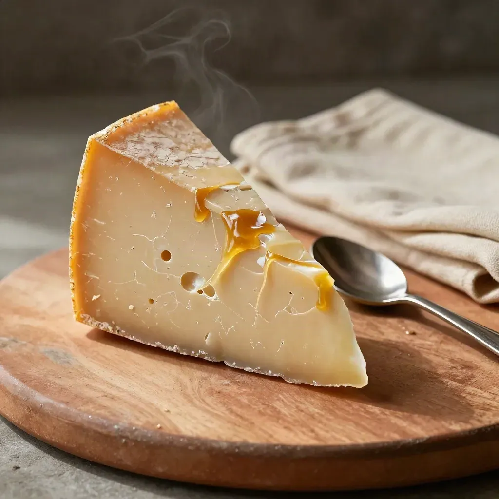 Scaglia di Parmigiano con gocce di balsamico, cucchiaio piccolo e lino piegato.