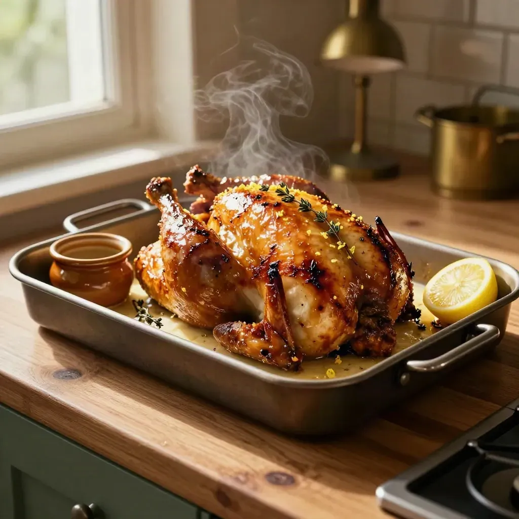 Pollo arrosto glassato in teglia bassa con timo e limone, luce calda di cucina.