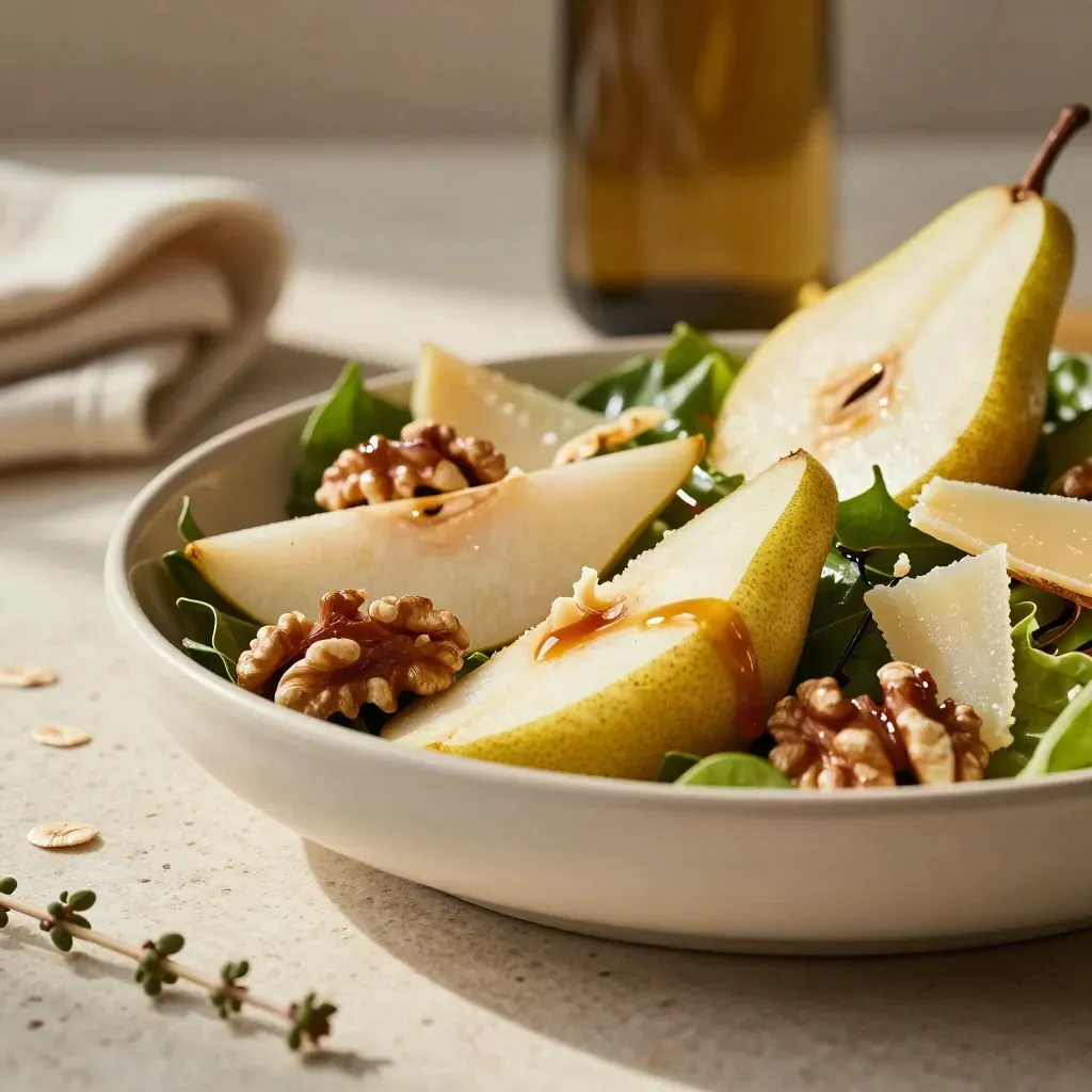 Insalata autunnale con pere, noci, scaglie di formaggio e bottiglia sfocata sullo sfondo