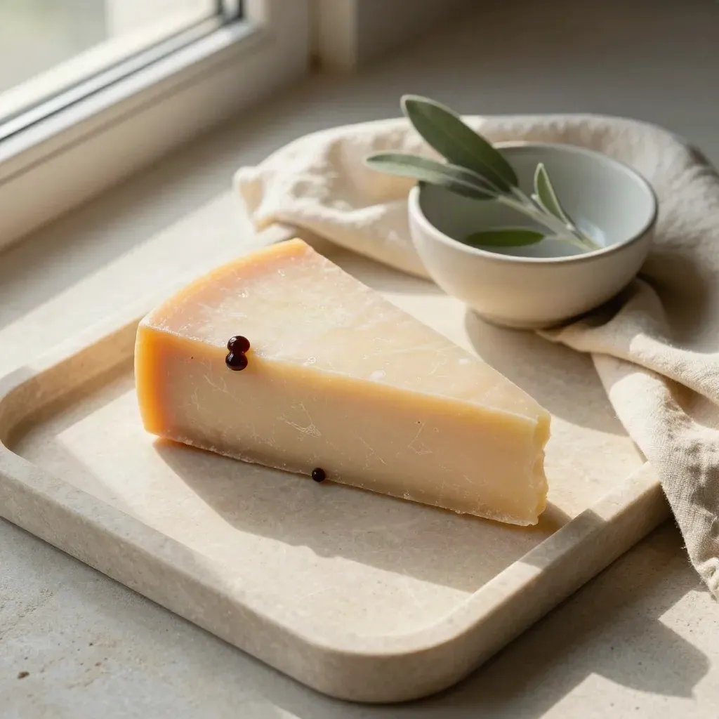Scaglia di Parmigiano con perle di balsamico, lino crema, ciotolina e salvia su pietra chiara.