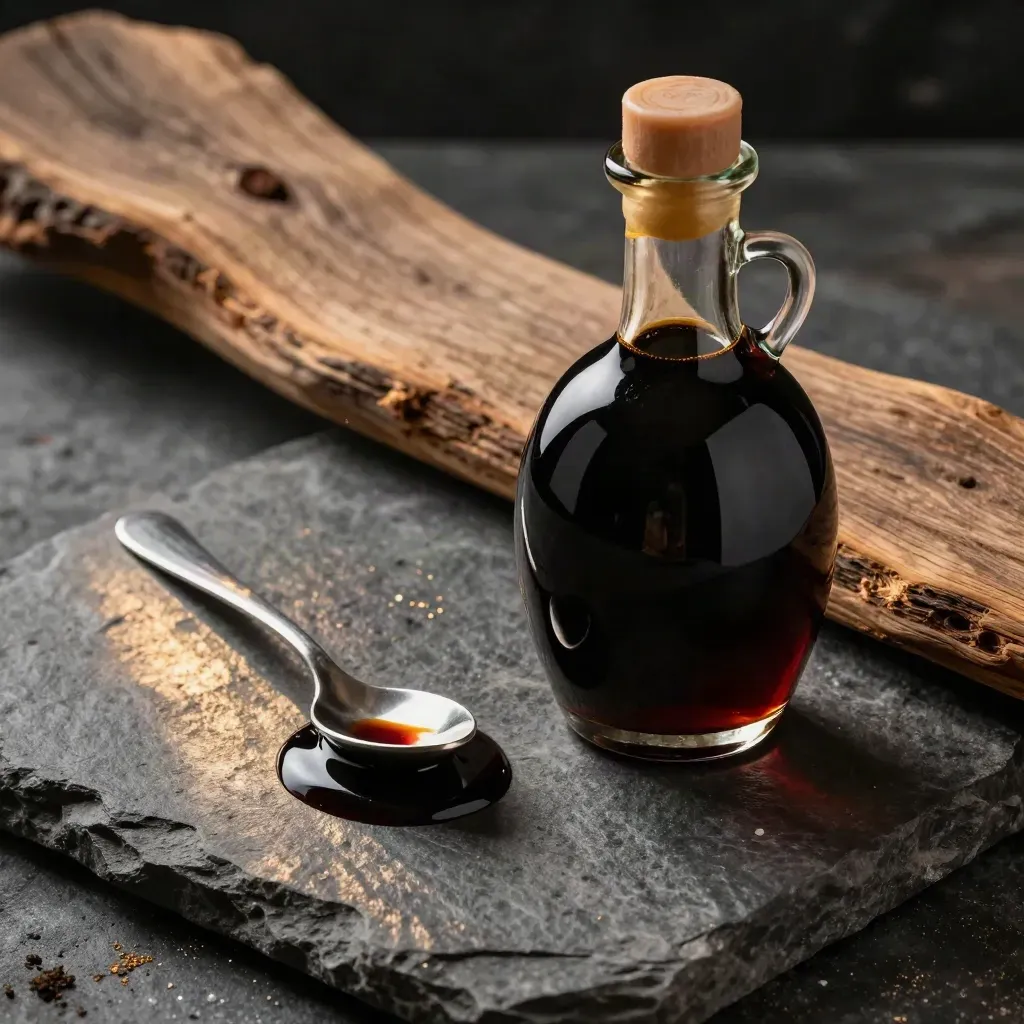 Bottiglia di balsamico, cucchiaino d’assaggio e sciroppo scuro su pietra, in luce radente