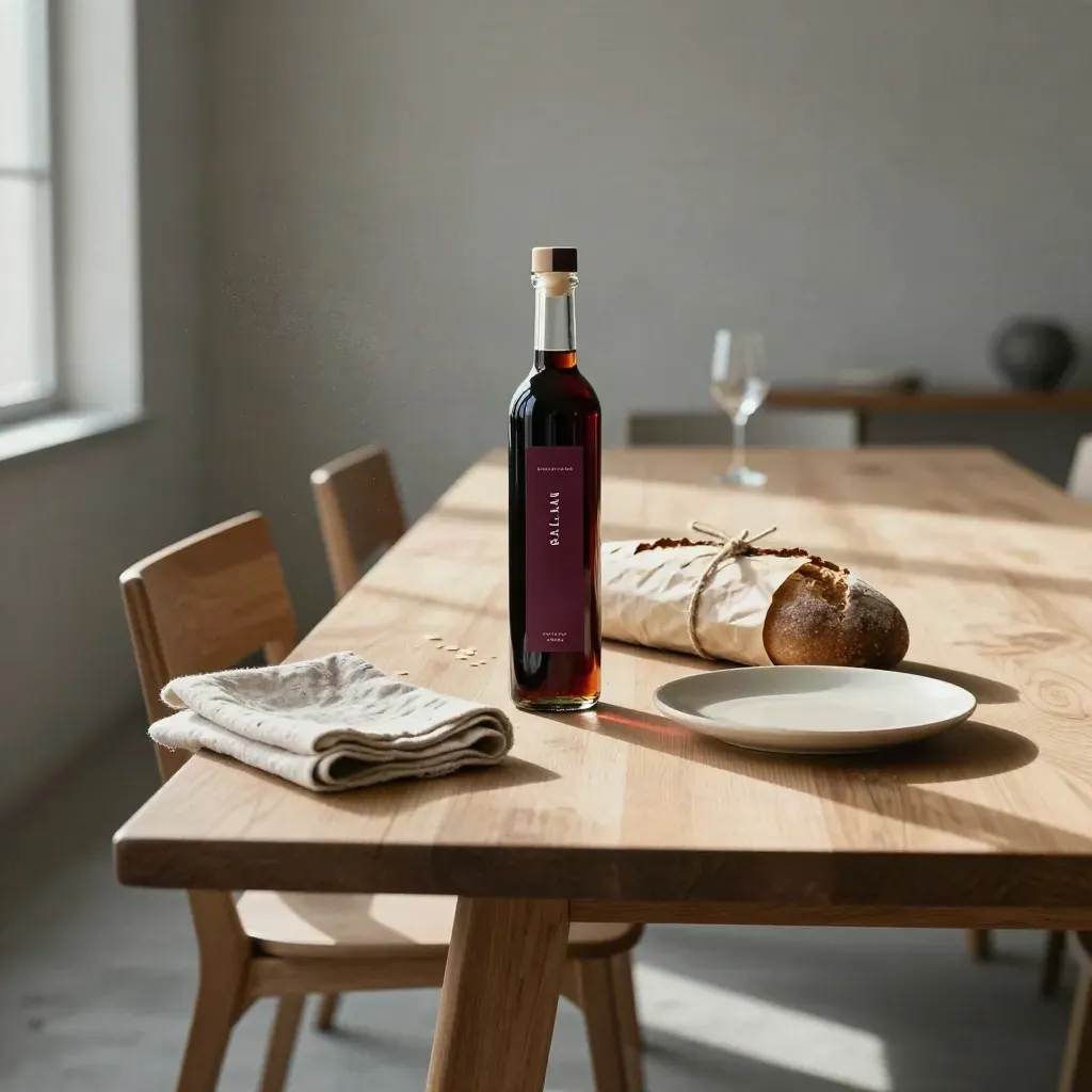 Bottiglia di aceto balsamico con pane avvolto, lino piegato e piattino su tavola apparecchiata.
