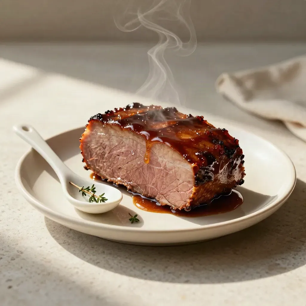 Fetta di manzo glassata con mestolino in ceramica e timo su piatto crema, con vapore caldo.