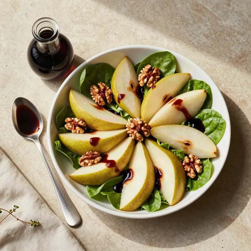 Insalata di stagione con pera, noci, verdure e aceto balsamico su pietra.