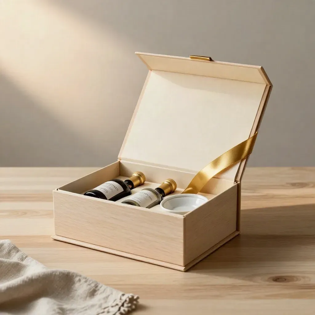 Cofanetto regalo aperto con bottiglie e nastro su tavola chiara, luce morbida.